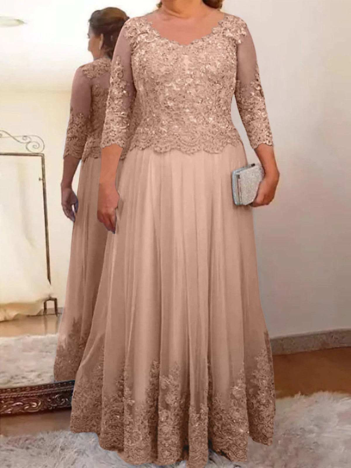 Floor Length A Line Mother Of The Bride Dress Sheer Neck Three Quarter Sleeves
