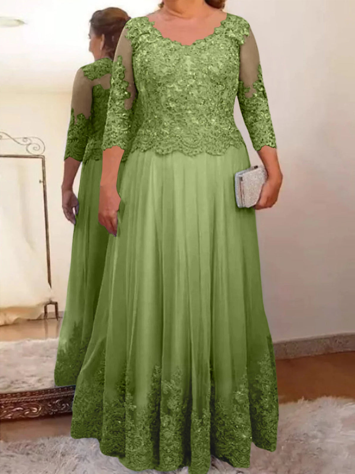 Floor Length A Line Mother Of The Bride Dress Sheer Neck Three Quarter Sleeves