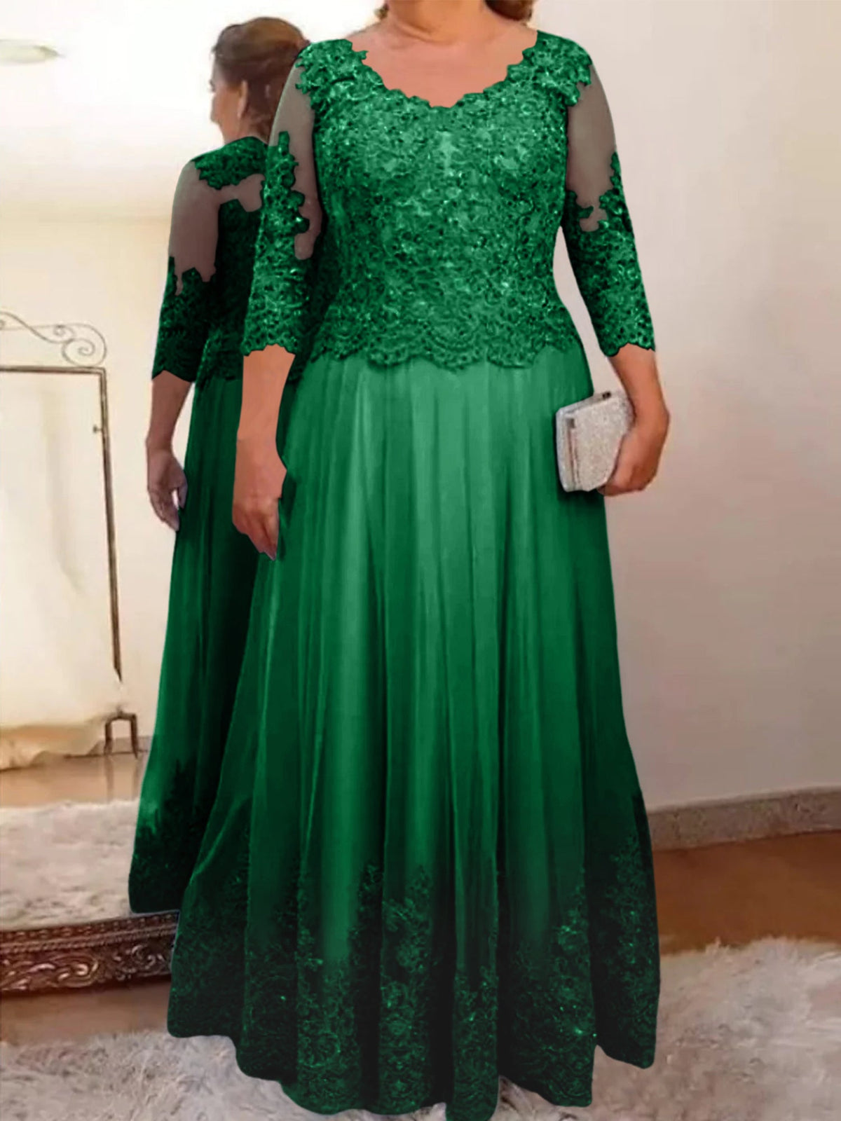 Floor Length A Line Mother Of The Bride Dress Sheer Neck Three Quarter Sleeves
