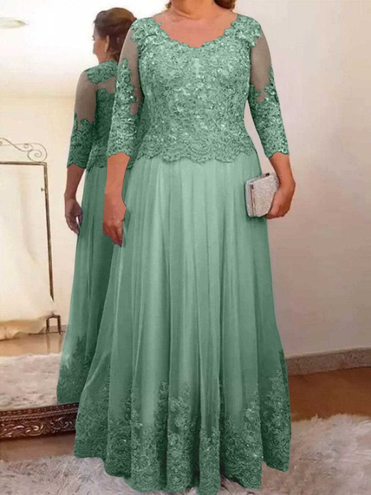 Floor Length A Line Mother Of The Bride Dress Sheer Neck Three Quarter Sleeves