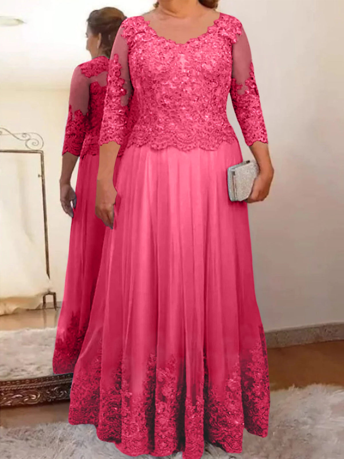 Floor Length A Line Mother Of The Bride Dress Sheer Neck Three Quarter Sleeves