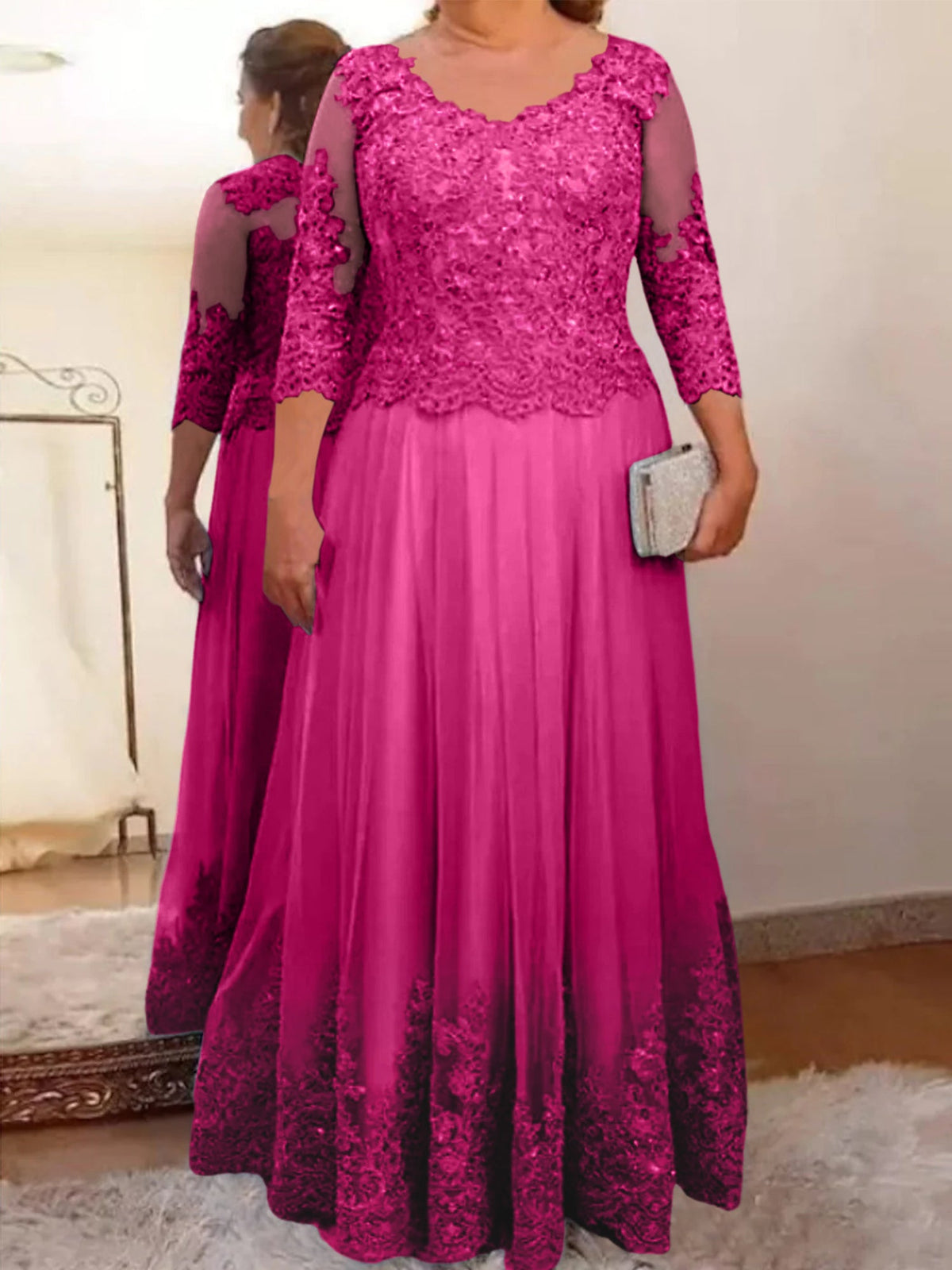 Floor Length A Line Mother Of The Bride Dress Sheer Neck Three Quarter Sleeves