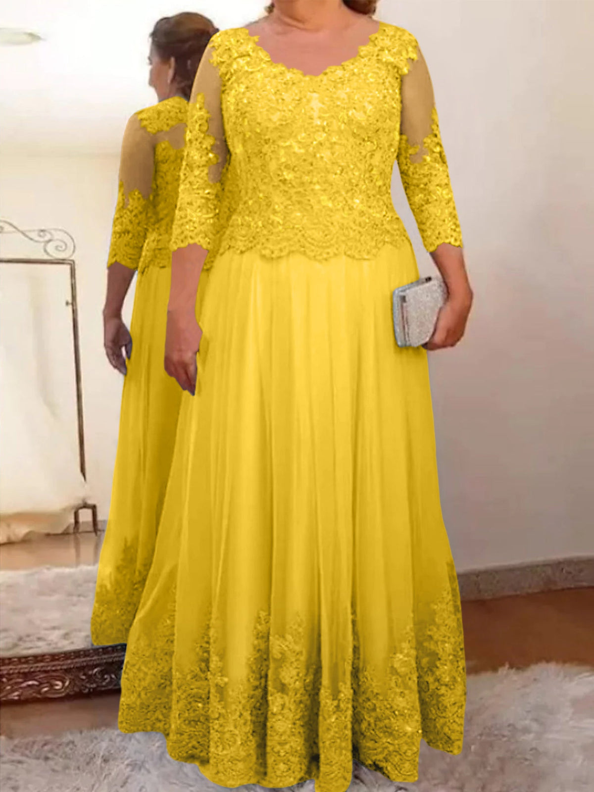 Floor Length A Line Mother Of The Bride Dress Sheer Neck Three Quarter Sleeves