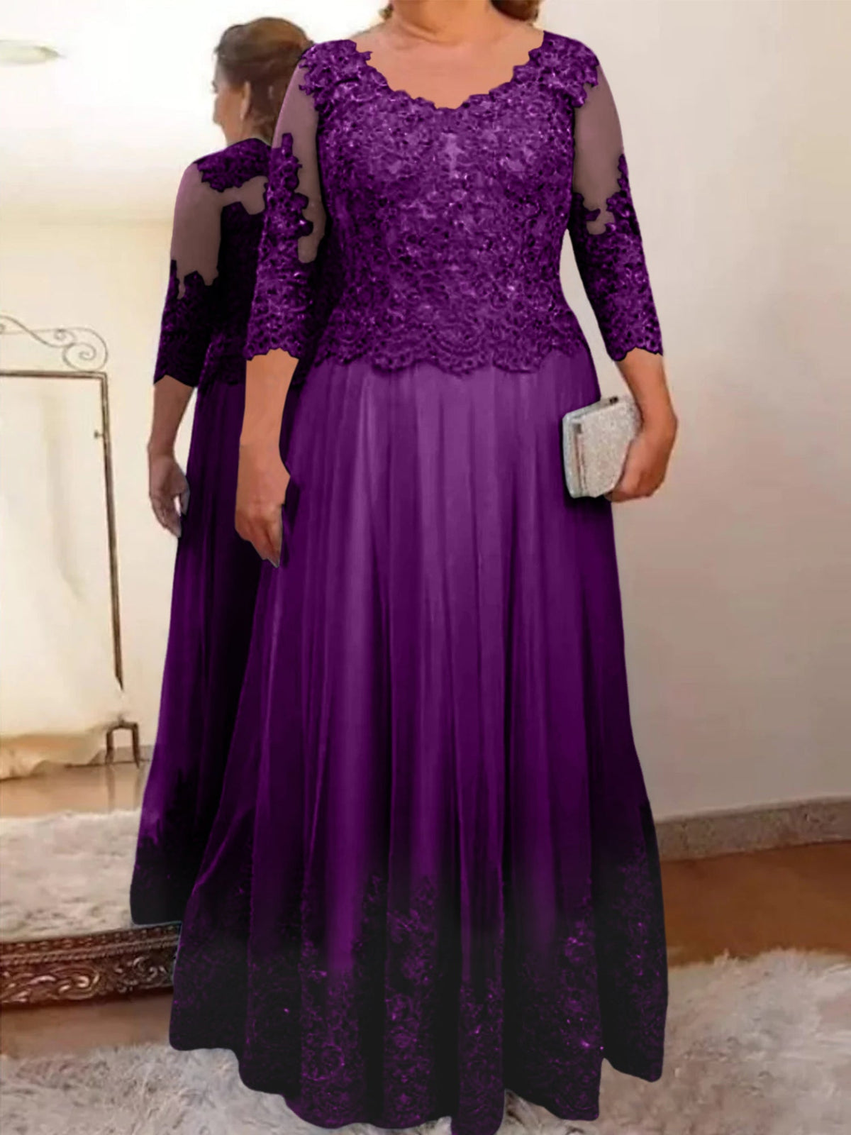Floor Length A Line Mother Of The Bride Dress Sheer Neck Three Quarter Sleeves