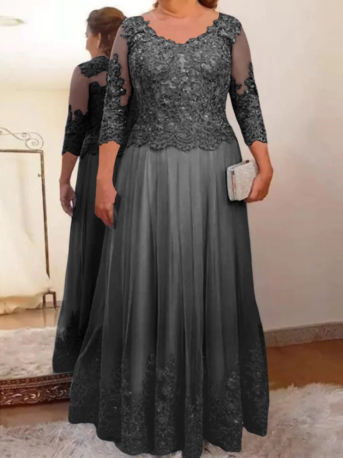 Floor Length A Line Mother Of The Bride Dress Sheer Neck Three Quarter Sleeves