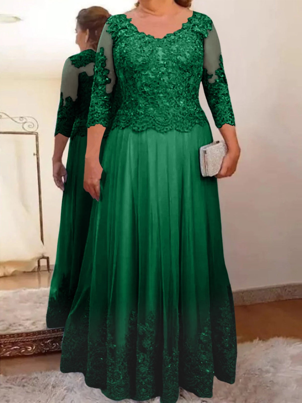 Floor Length A Line Mother Of The Bride Dress Sheer Neck Three Quarter Sleeves
