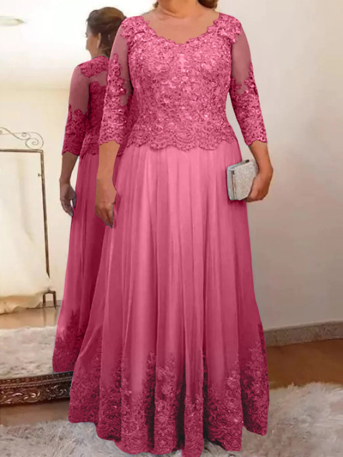 Floor Length A Line Mother Of The Bride Dress Sheer Neck Three Quarter Sleeves