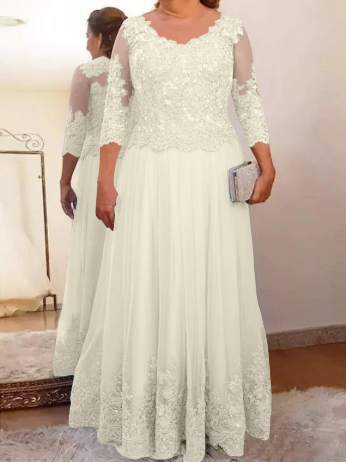 Floor Length A Line Mother Of The Bride Dress Sheer Neck Three Quarter Sleeves