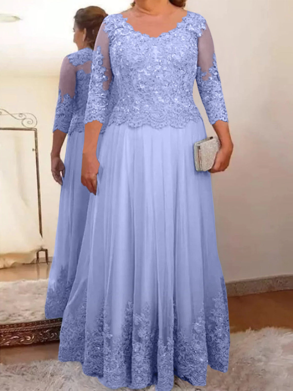 Floor Length A Line Mother Of The Bride Dress Sheer Neck Three Quarter Sleeves
