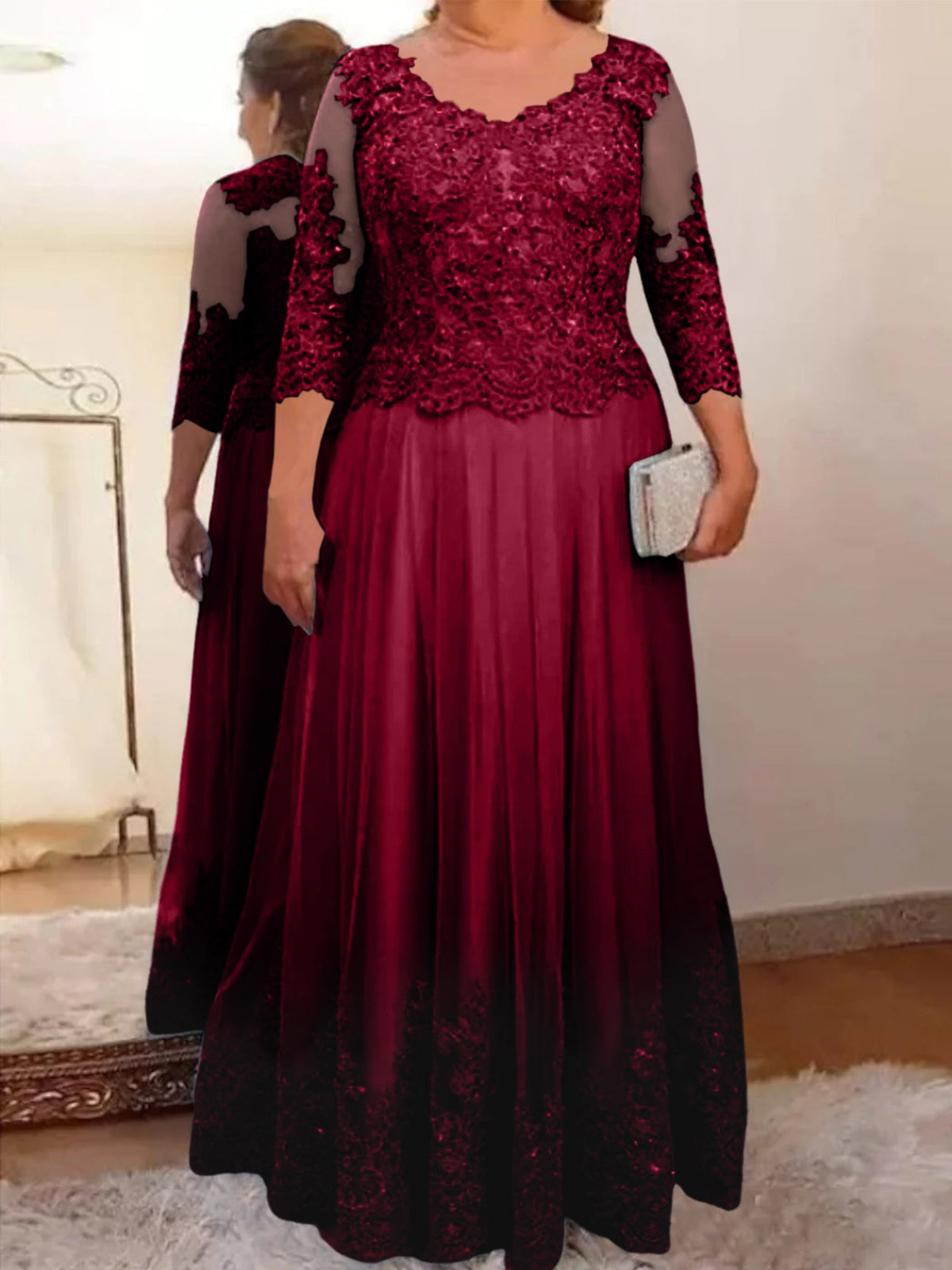 Floor Length A Line Mother Of The Bride Dress Sheer Neck Three Quarter Sleeves