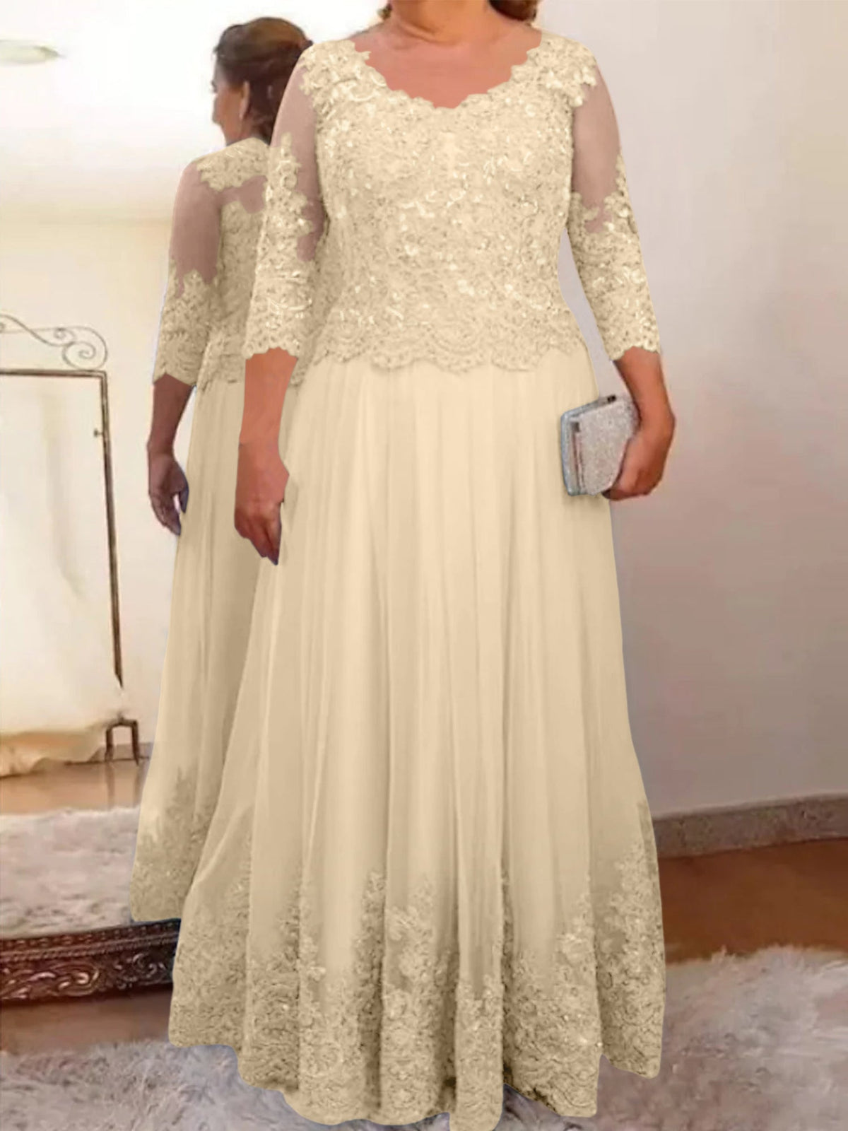 Floor Length A Line Mother Of The Bride Dress Sheer Neck Three Quarter Sleeves