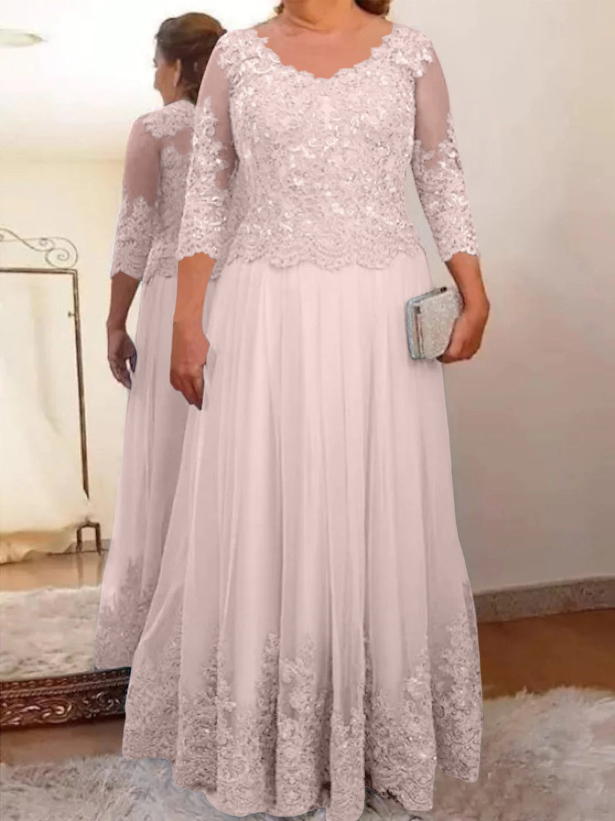 Floor Length A Line Mother Of The Bride Dress Sheer Neck Three Quarter Sleeves