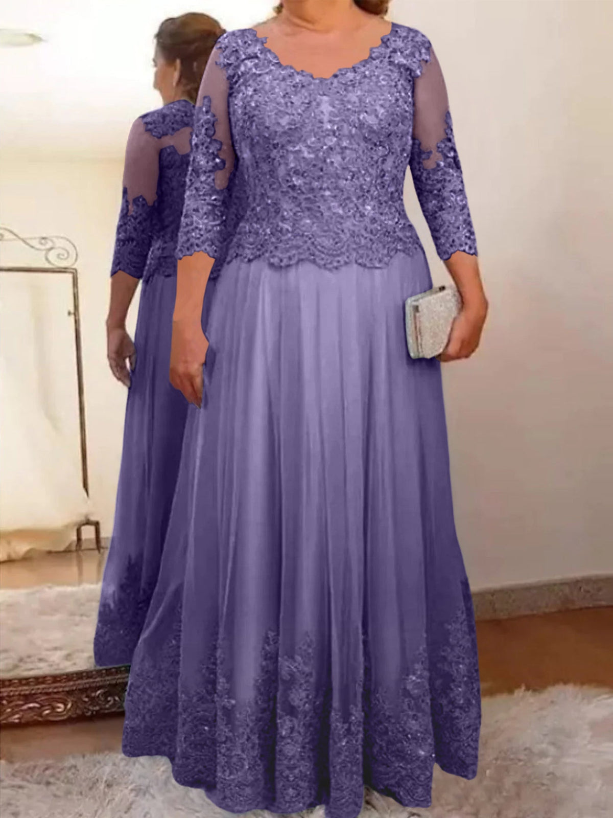 Floor Length A Line Mother Of The Bride Dress Sheer Neck Three Quarter Sleeves