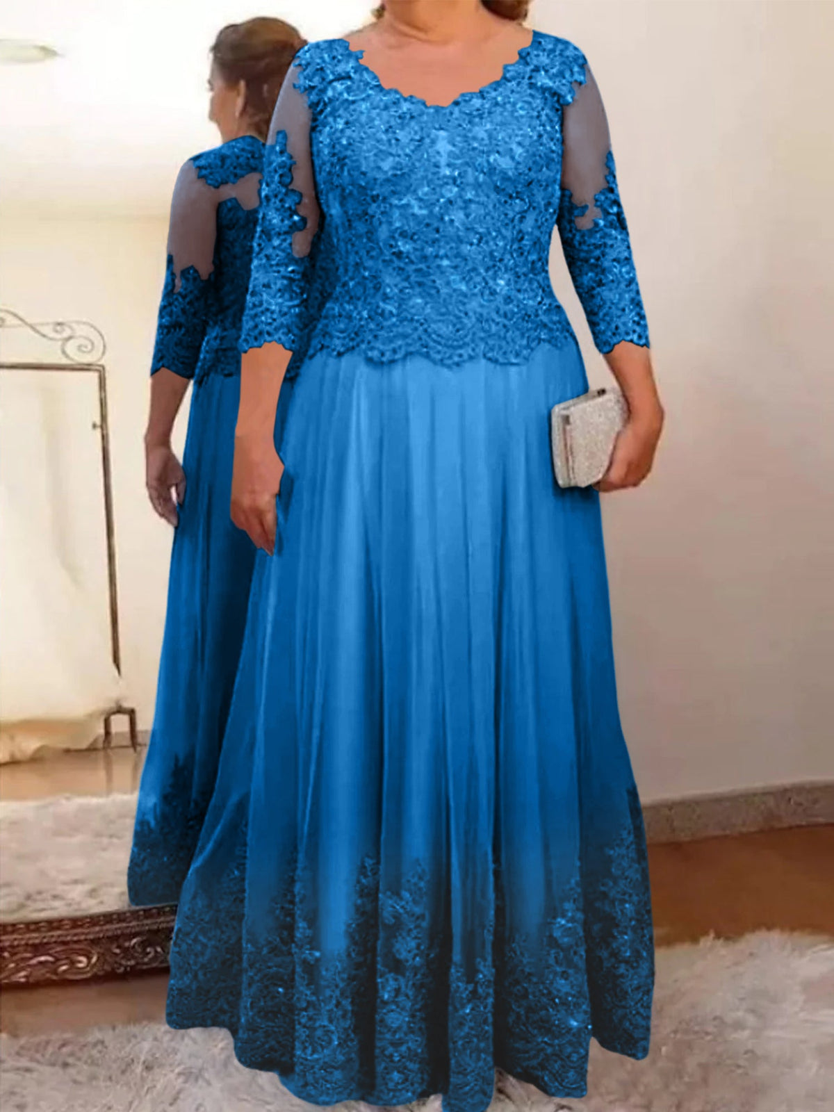 Floor Length A Line Mother Of The Bride Dress Sheer Neck Three Quarter Sleeves