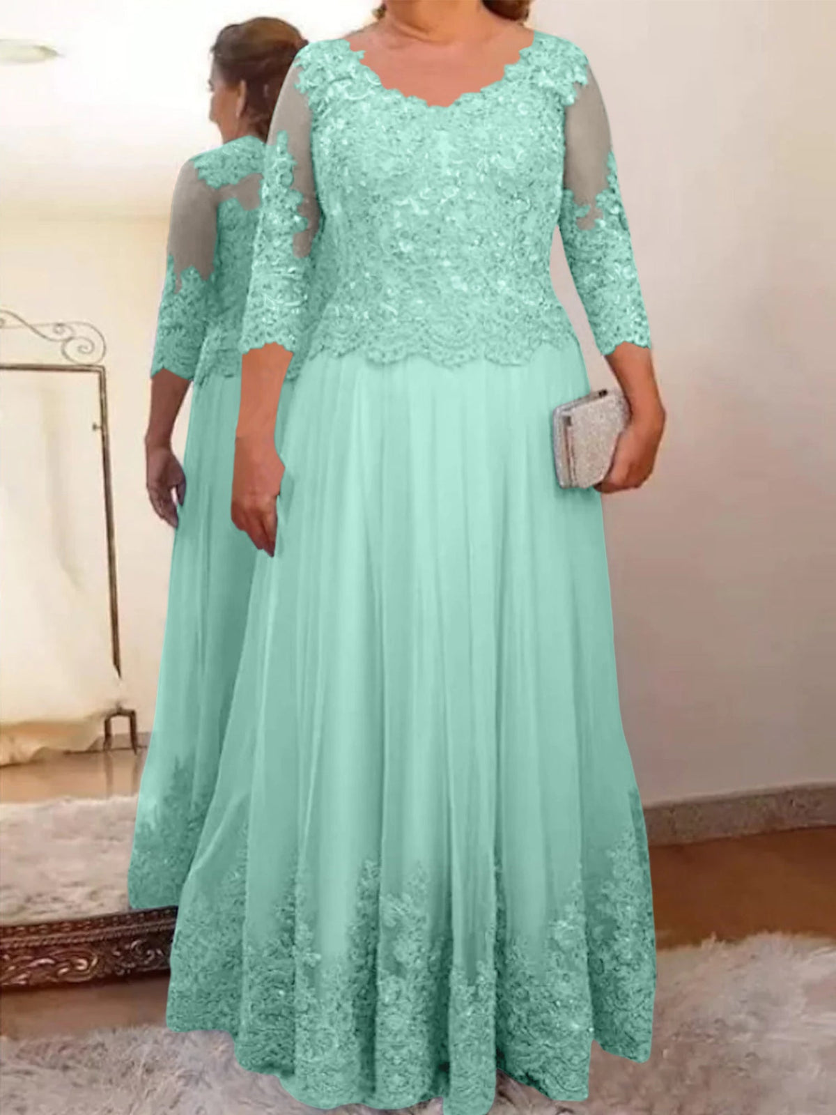 Floor Length A Line Mother Of The Bride Dress Sheer Neck Three Quarter Sleeves