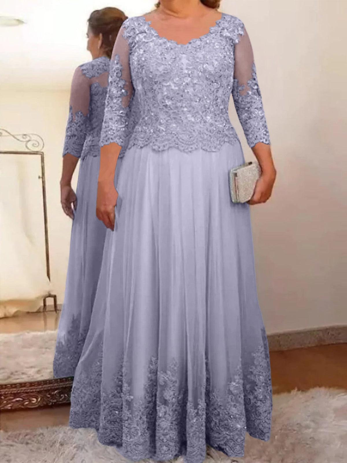 Floor Length A Line Mother Of The Bride Dress Sheer Neck Three Quarter Sleeves