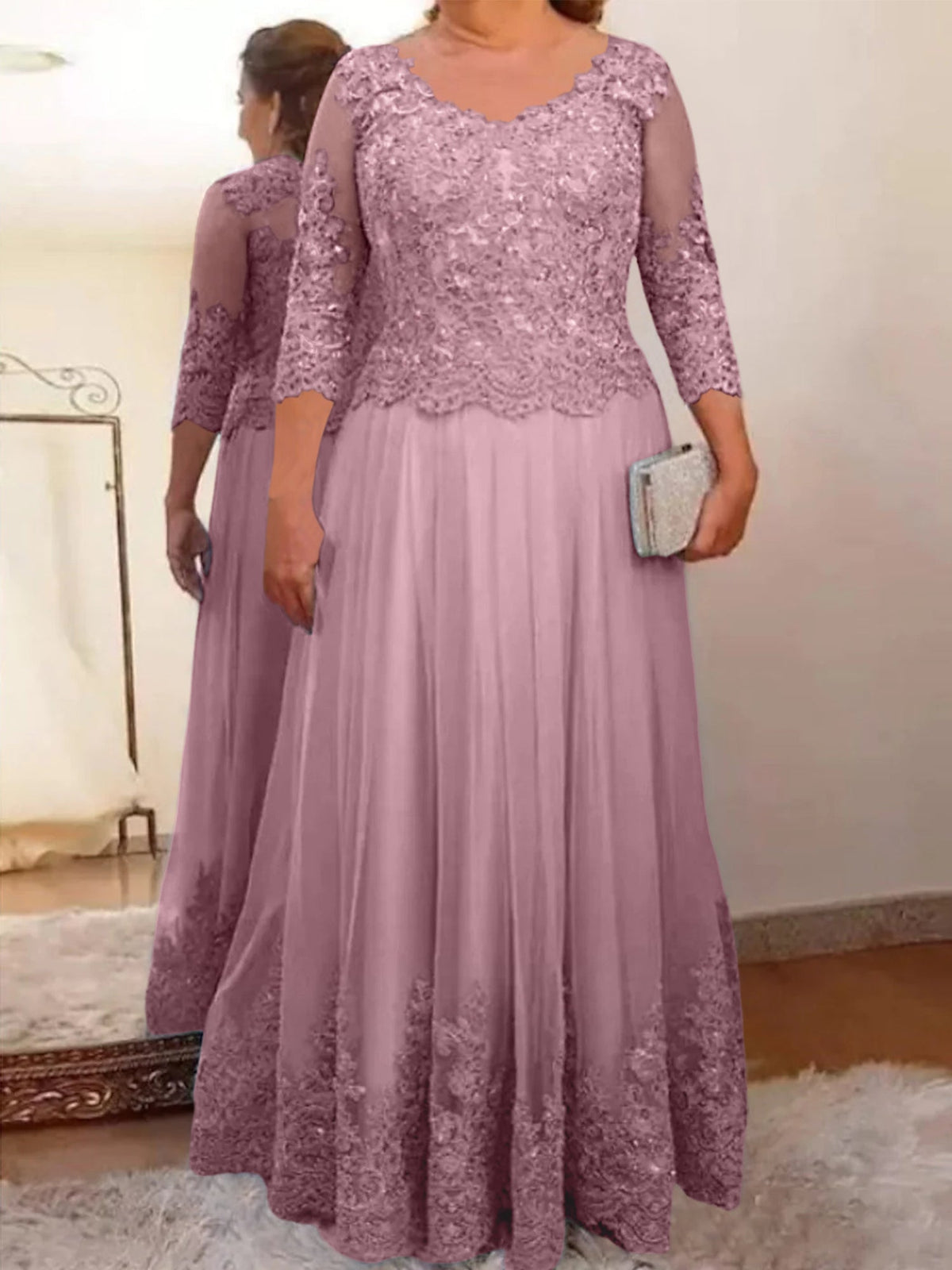 Floor Length A Line Mother Of The Bride Dress Sheer Neck Three Quarter Sleeves