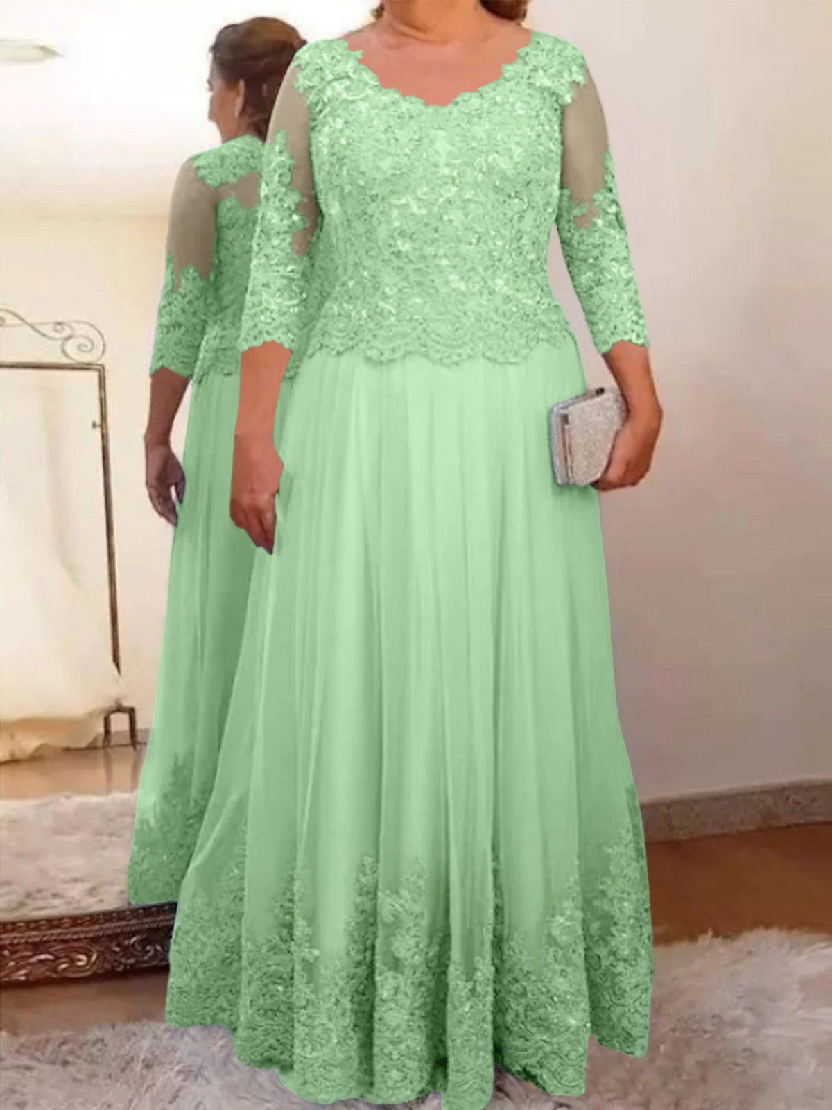 Floor Length A Line Mother Of The Bride Dress Sheer Neck Three Quarter Sleeves