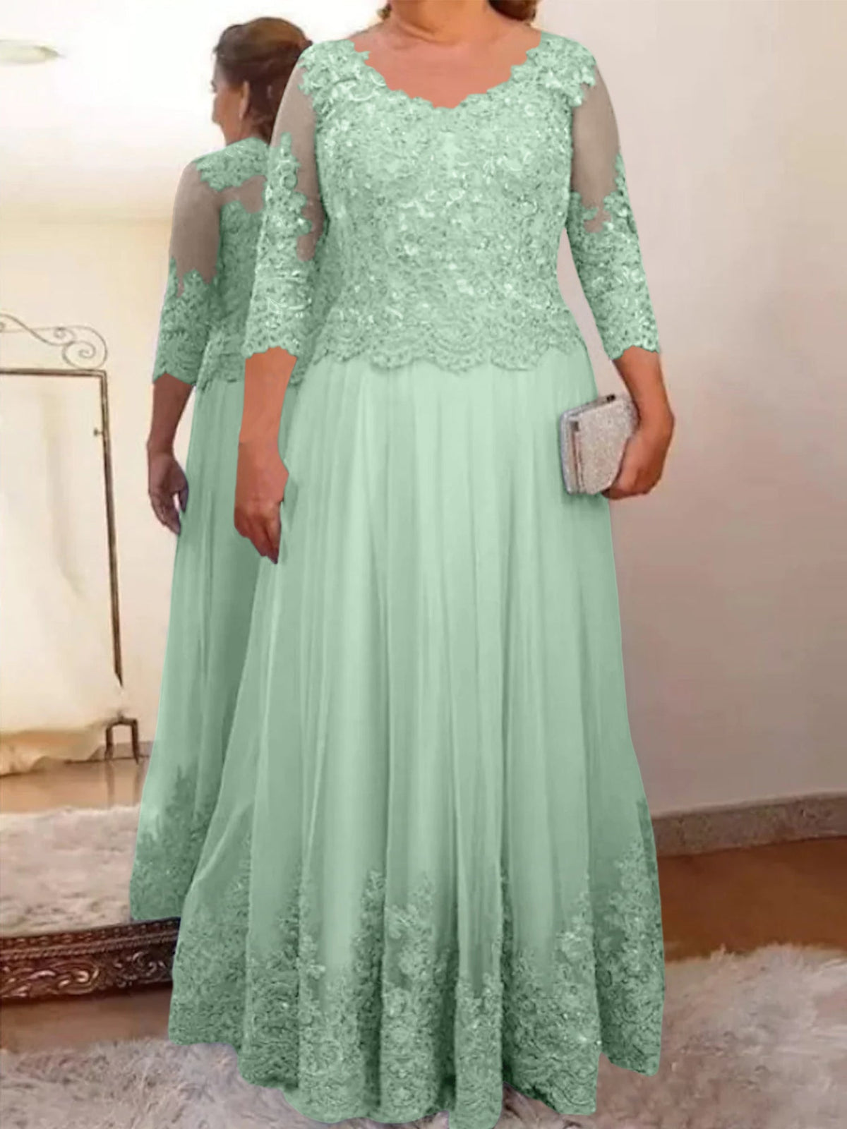 Floor Length A Line Mother Of The Bride Dress Sheer Neck Three Quarter Sleeves