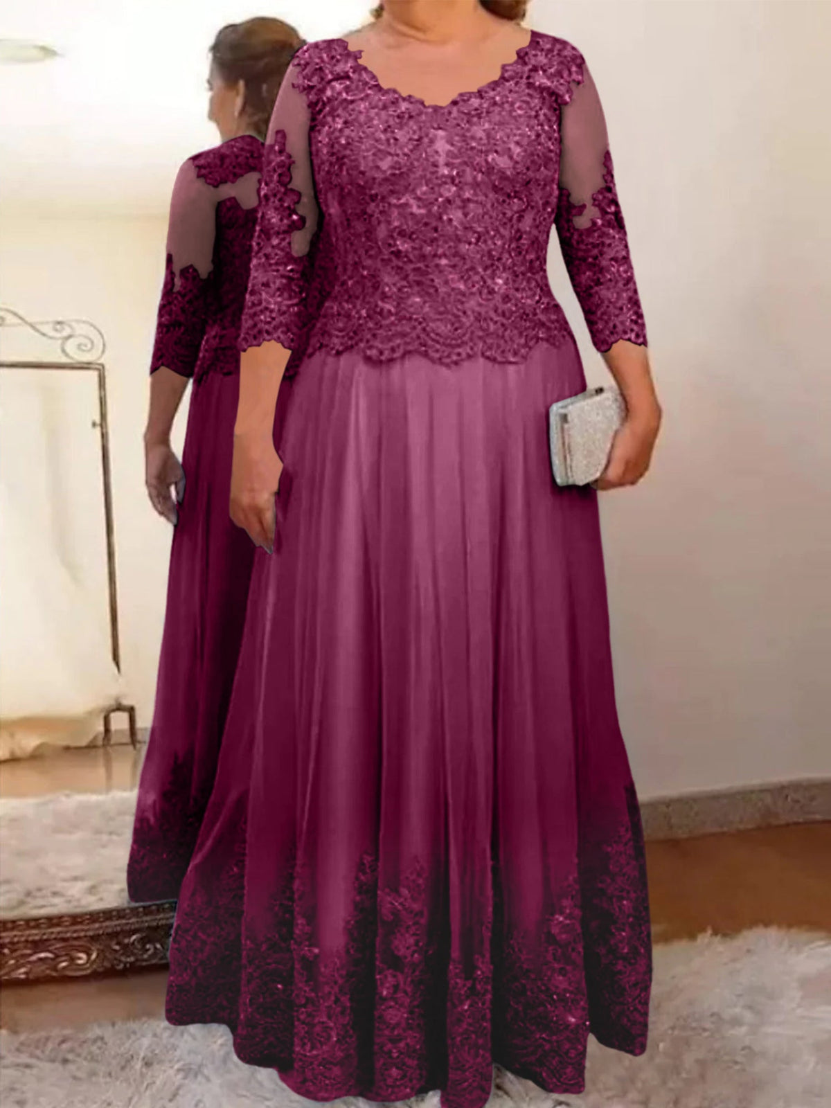 Floor Length A Line Mother Of The Bride Dress Sheer Neck Three Quarter Sleeves
