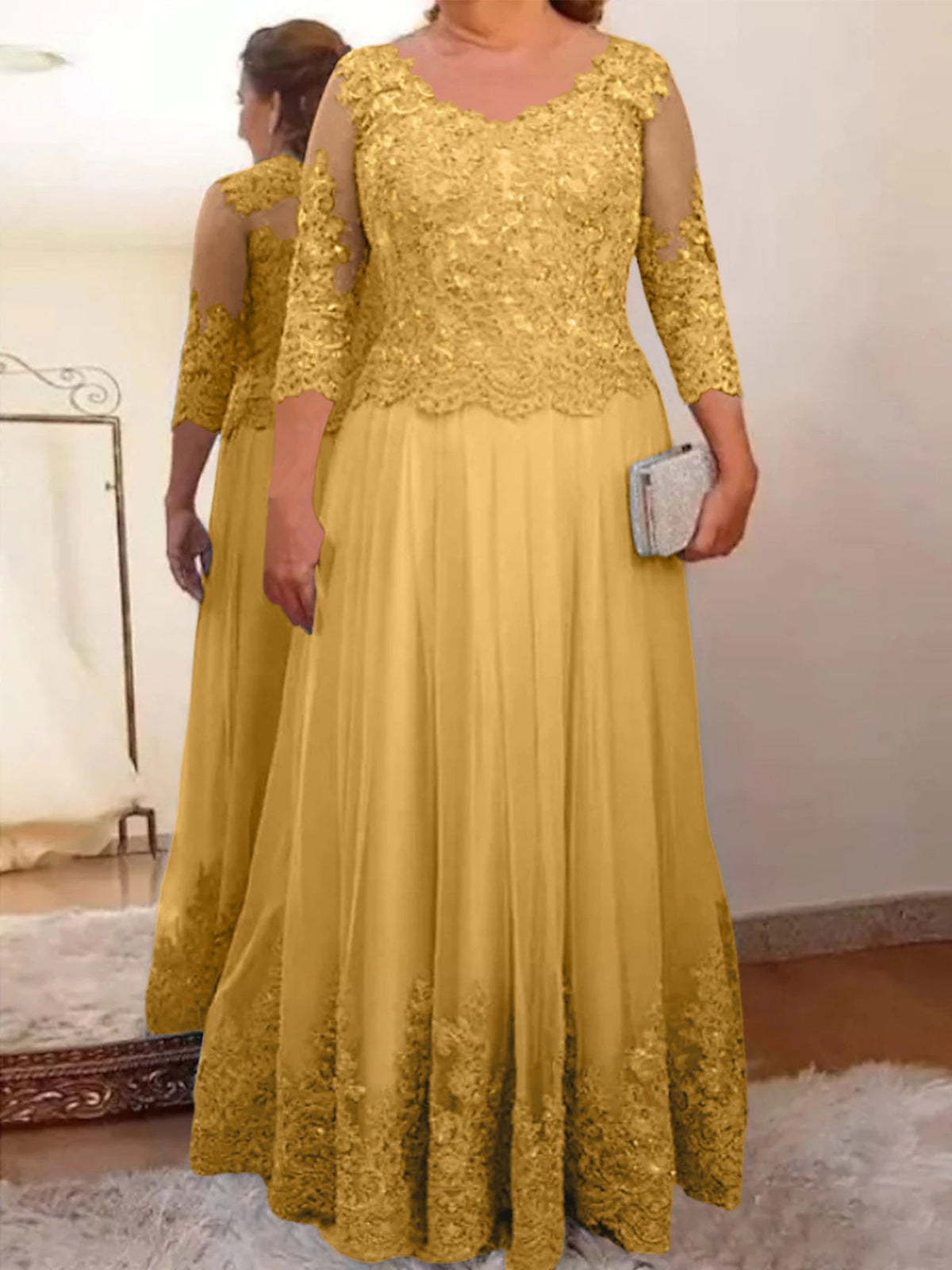 Floor Length A Line Mother Of The Bride Dress Sheer Neck Three Quarter Sleeves