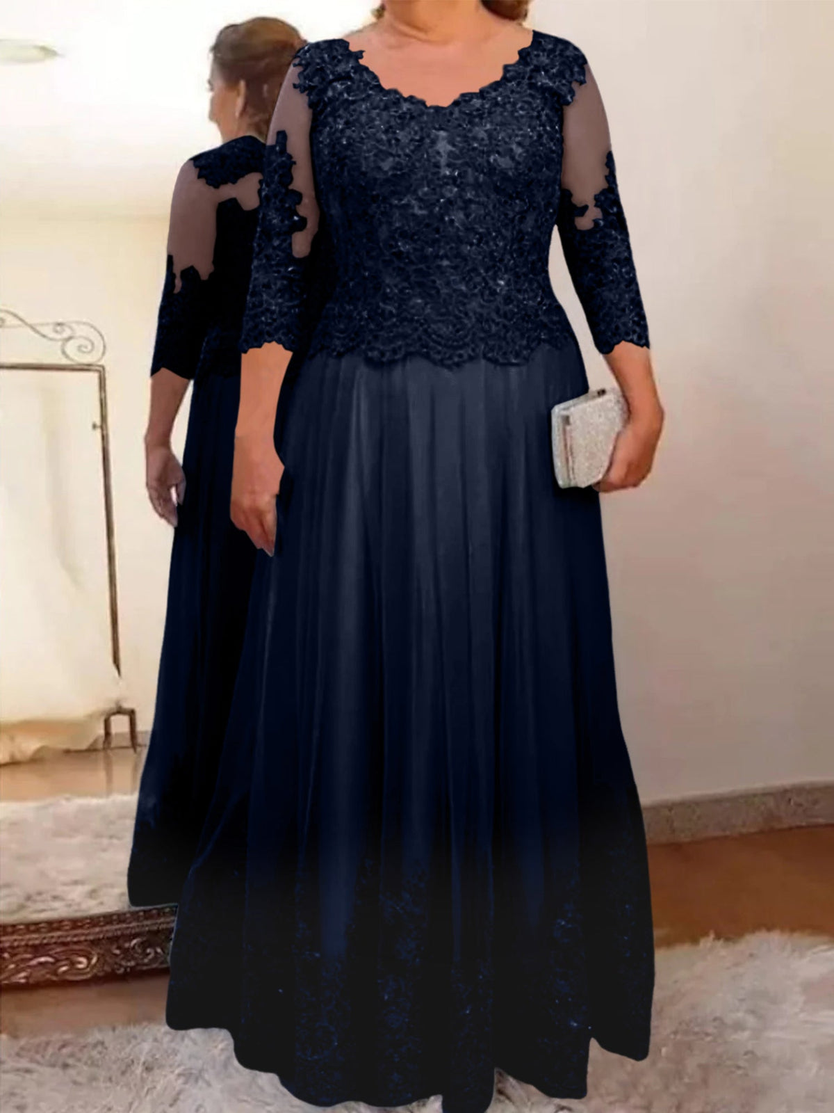 Floor Length A Line Mother Of The Bride Dress Sheer Neck Three Quarter Sleeves