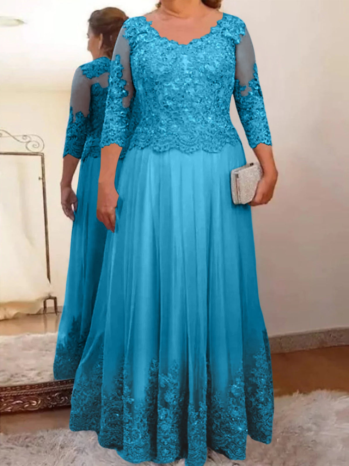 Floor Length A Line Mother Of The Bride Dress Sheer Neck Three Quarter Sleeves