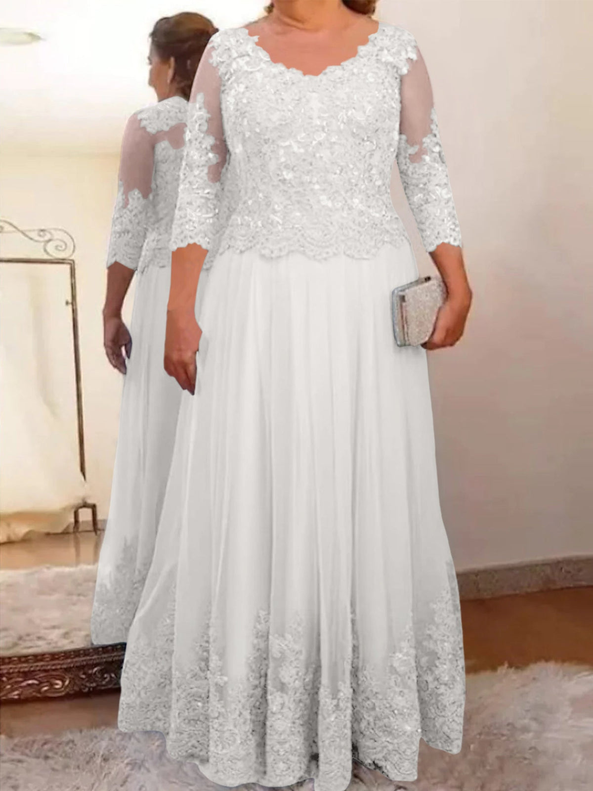 Floor Length A Line Mother Of The Bride Dress Sheer Neck Three Quarter Sleeves