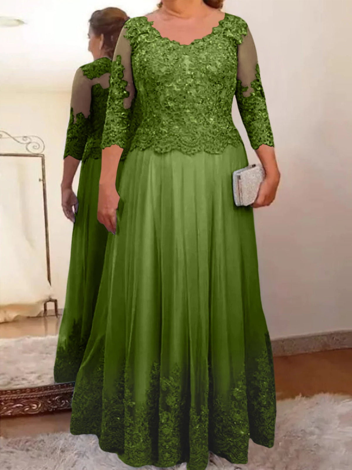 Floor Length A Line Mother Of The Bride Dress Sheer Neck Three Quarter Sleeves