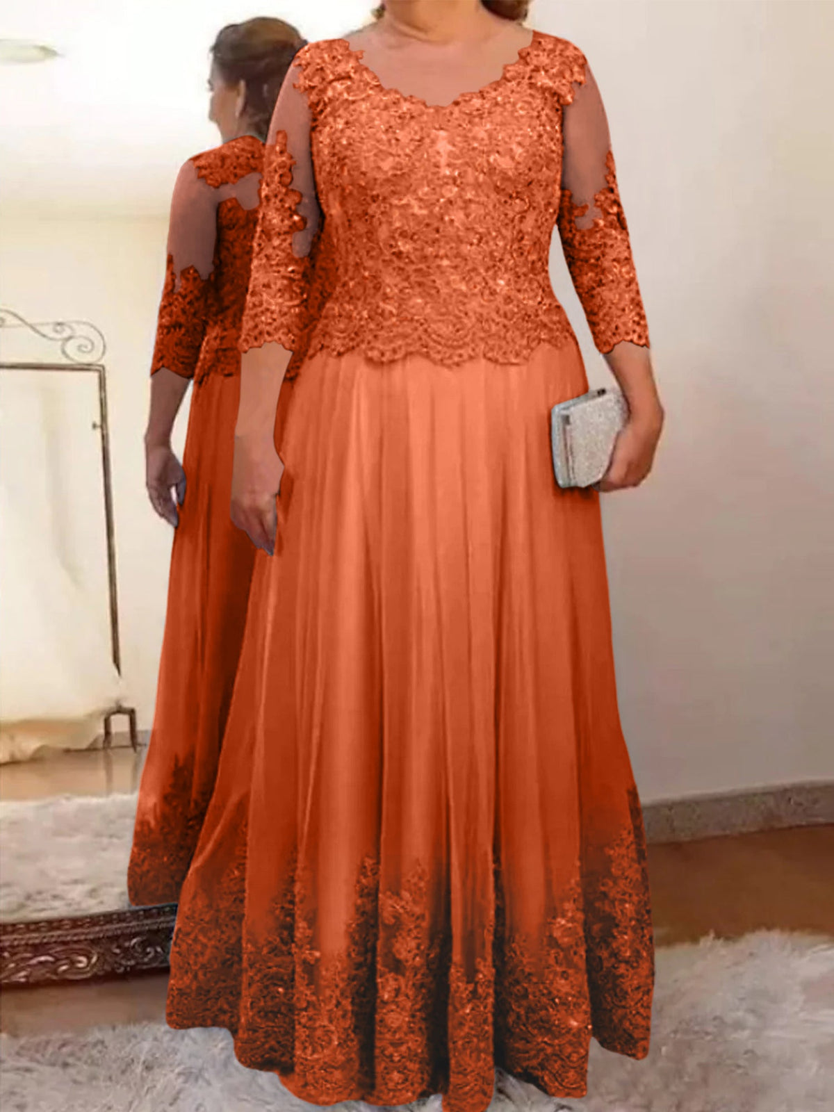 Floor Length A Line Mother Of The Bride Dress Sheer Neck Three Quarter Sleeves