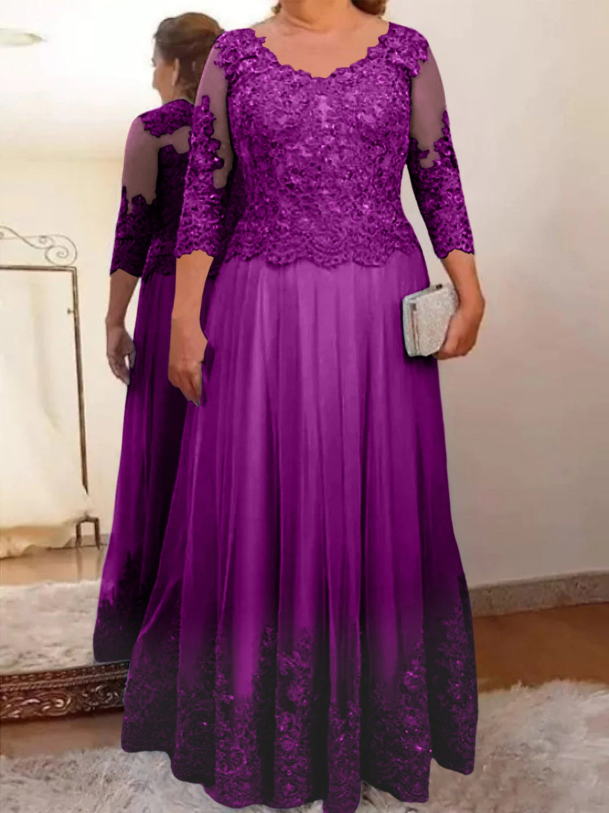 Floor Length A Line Mother Of The Bride Dress Sheer Neck Three Quarter Sleeves