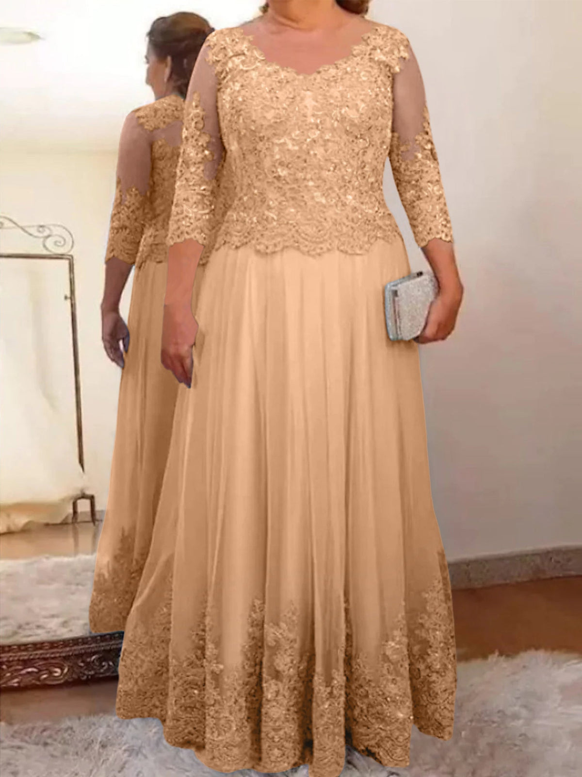 Floor Length A Line Mother Of The Bride Dress Sheer Neck Three Quarter Sleeves