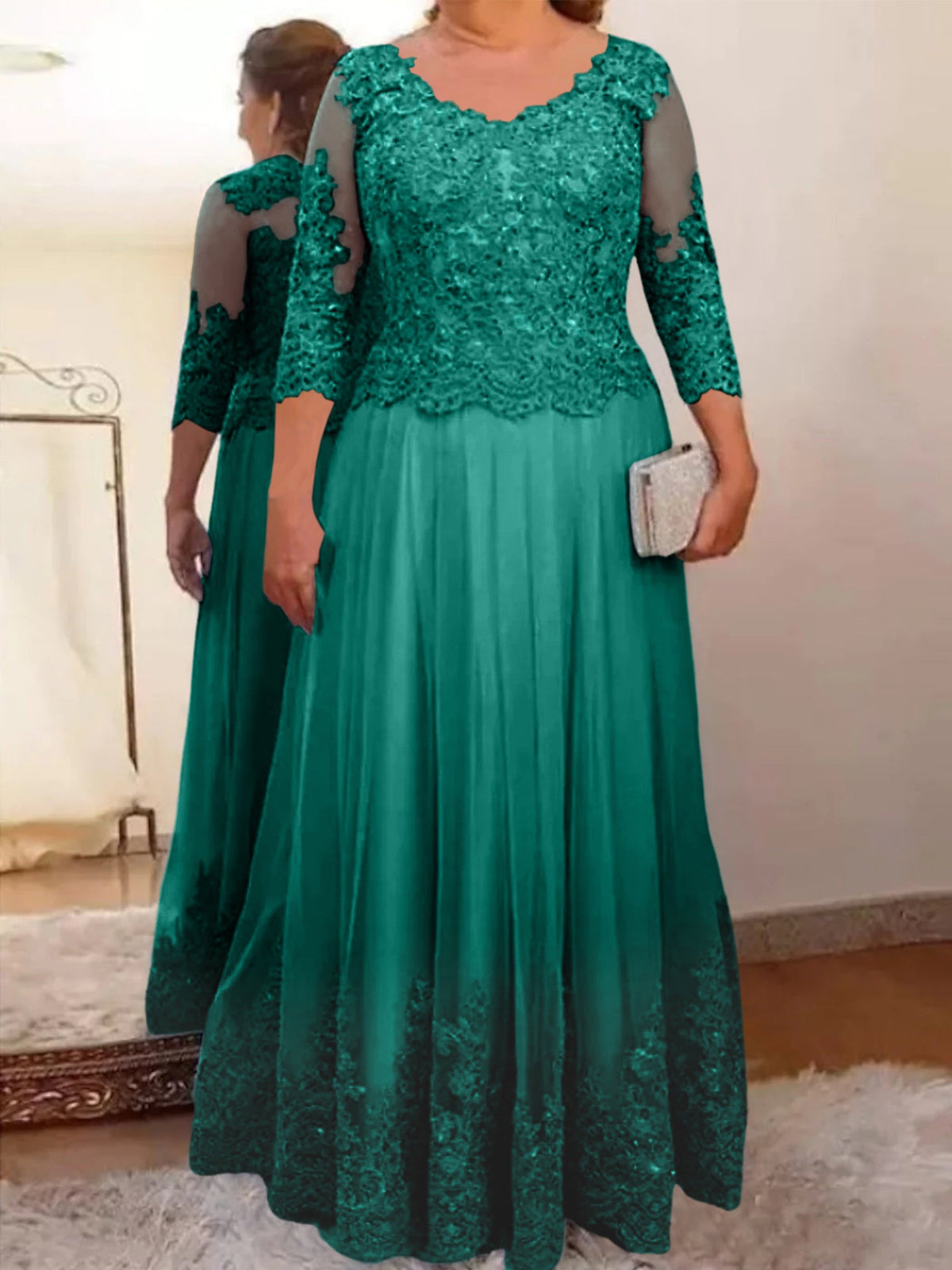 Floor Length A Line Mother Of The Bride Dress Sheer Neck Three Quarter Sleeves