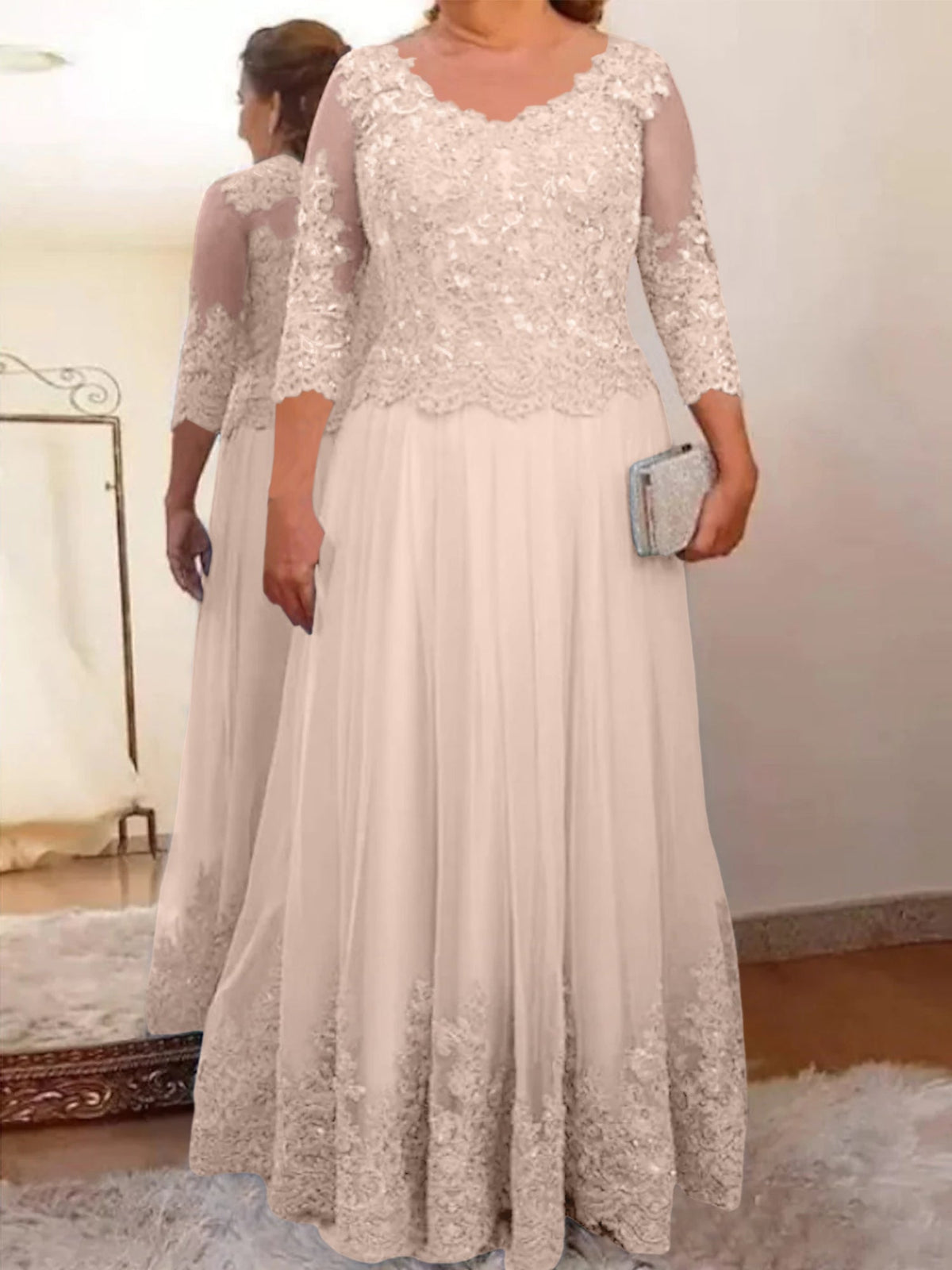 Floor Length A Line Mother Of The Bride Dress Sheer Neck Three Quarter Sleeves