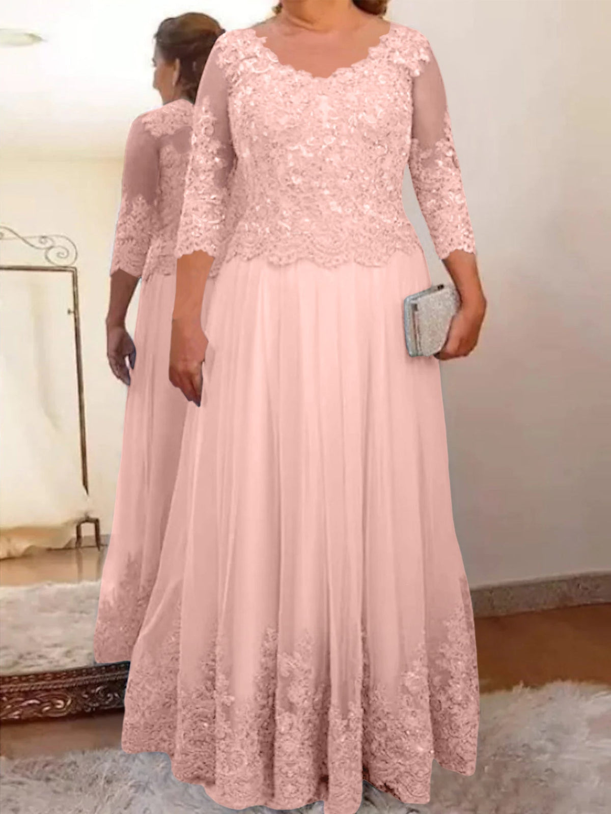 Floor Length A Line Mother Of The Bride Dress Sheer Neck Three Quarter Sleeves