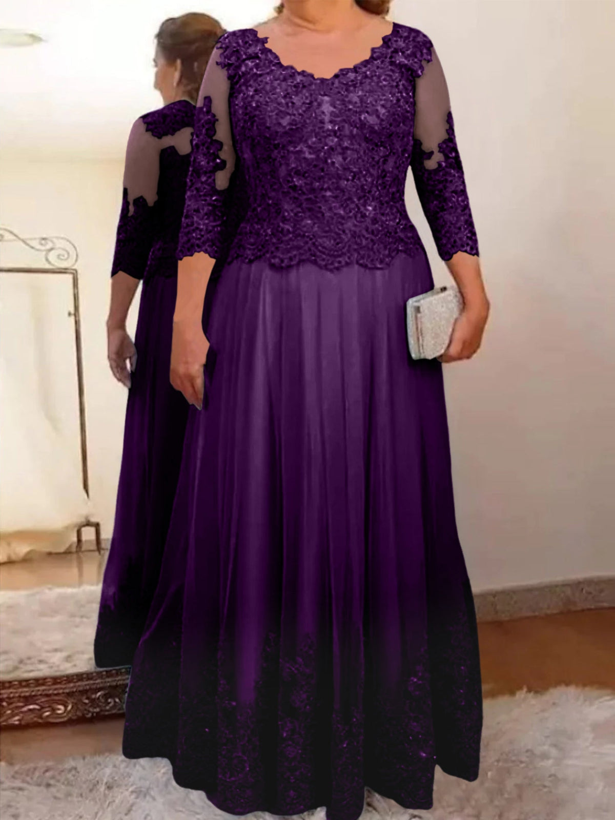 Floor Length A Line Mother Of The Bride Dress Sheer Neck Three Quarter Sleeves