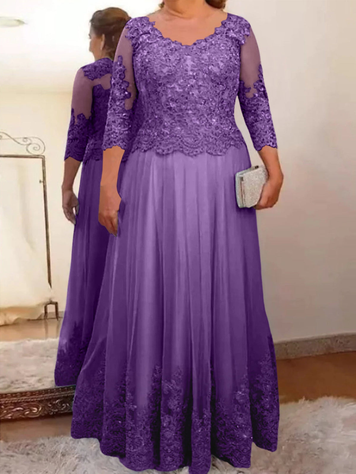 Floor Length A Line Mother Of The Bride Dress Sheer Neck Three Quarter Sleeves