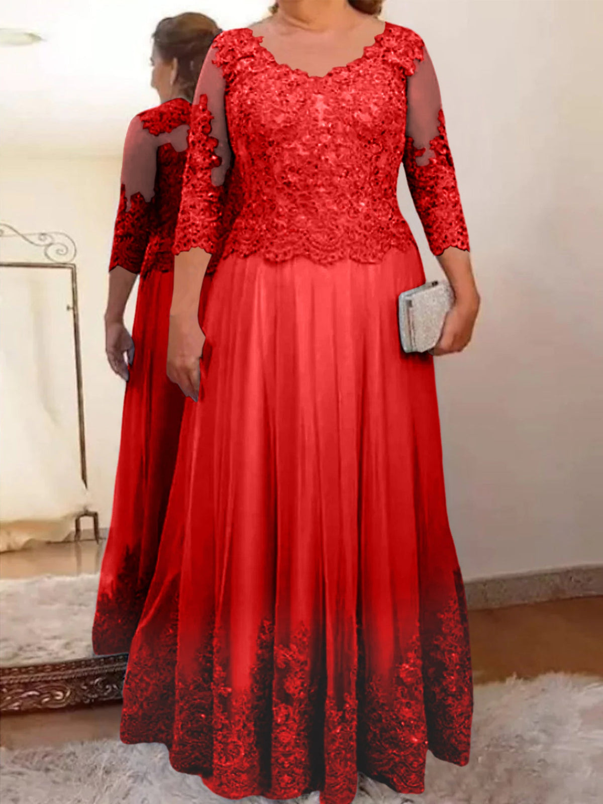 Floor Length A Line Mother Of The Bride Dress Sheer Neck Three Quarter Sleeves