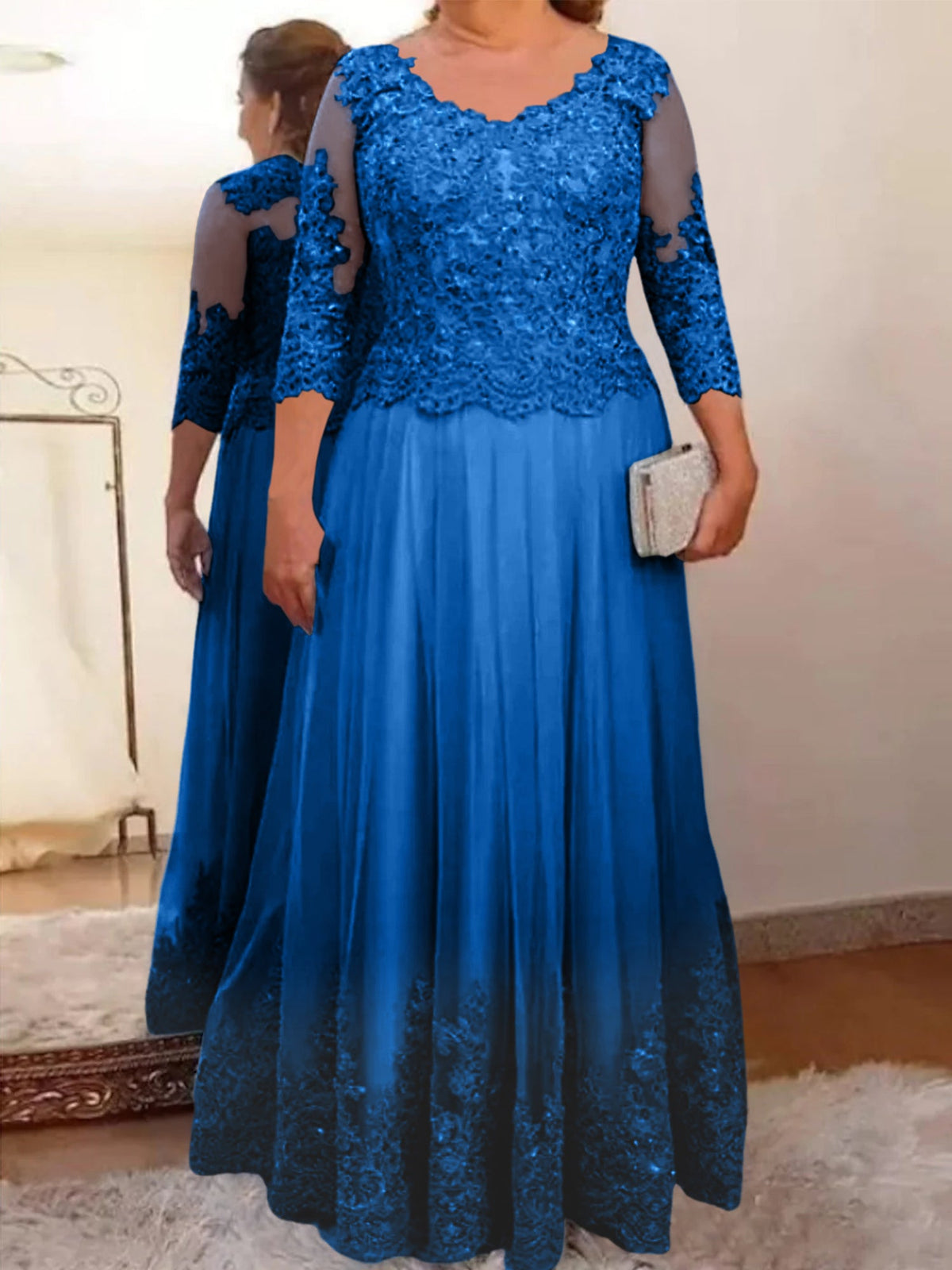 Floor Length A Line Mother Of The Bride Dress Sheer Neck Three Quarter Sleeves