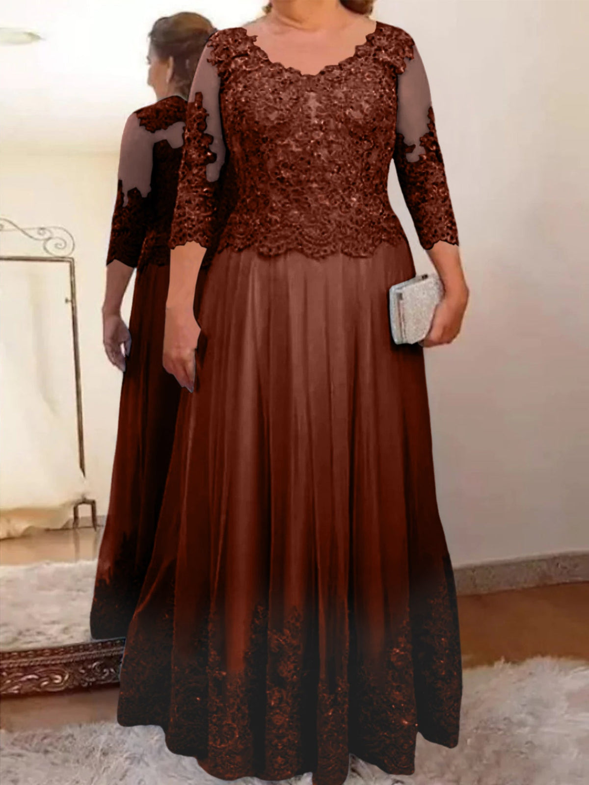 Floor Length A Line Mother Of The Bride Dress Sheer Neck Three Quarter Sleeves