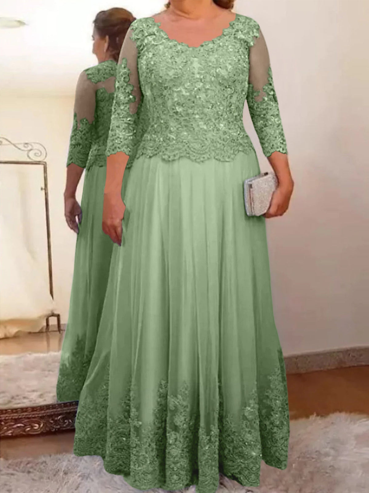 Floor Length A Line Mother Of The Bride Dress Sheer Neck Three Quarter Sleeves