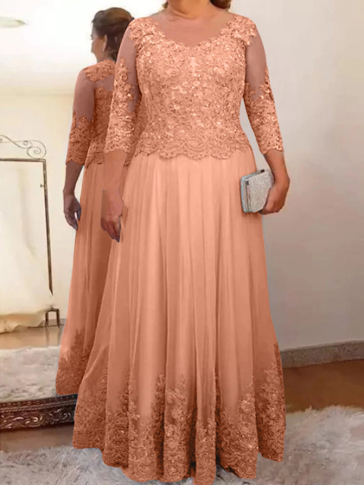 Floor Length A Line Mother Of The Bride Dress Sheer Neck Three Quarter Sleeves