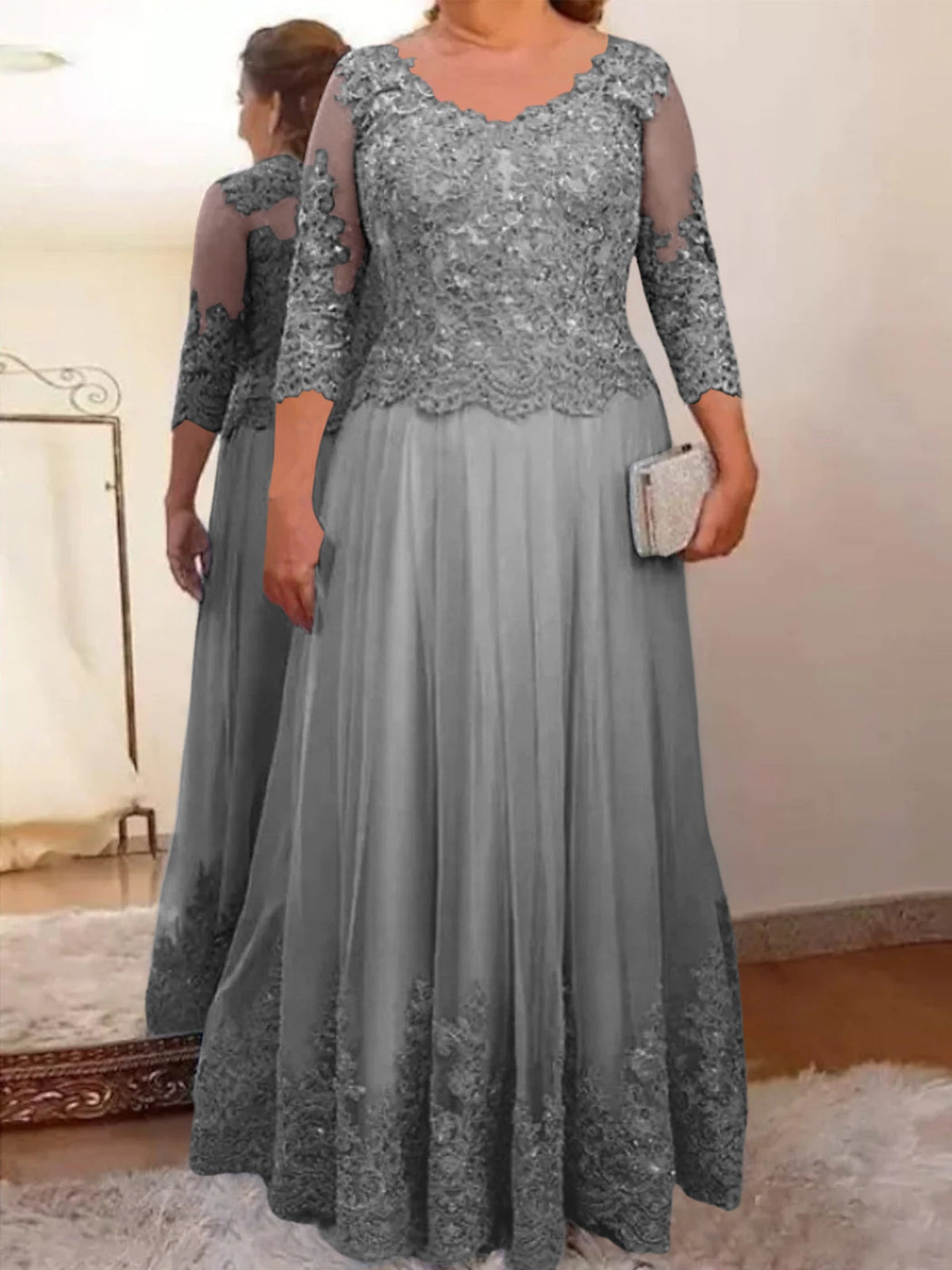 Floor Length A Line Mother Of The Bride Dress Sheer Neck Three Quarter Sleeves
