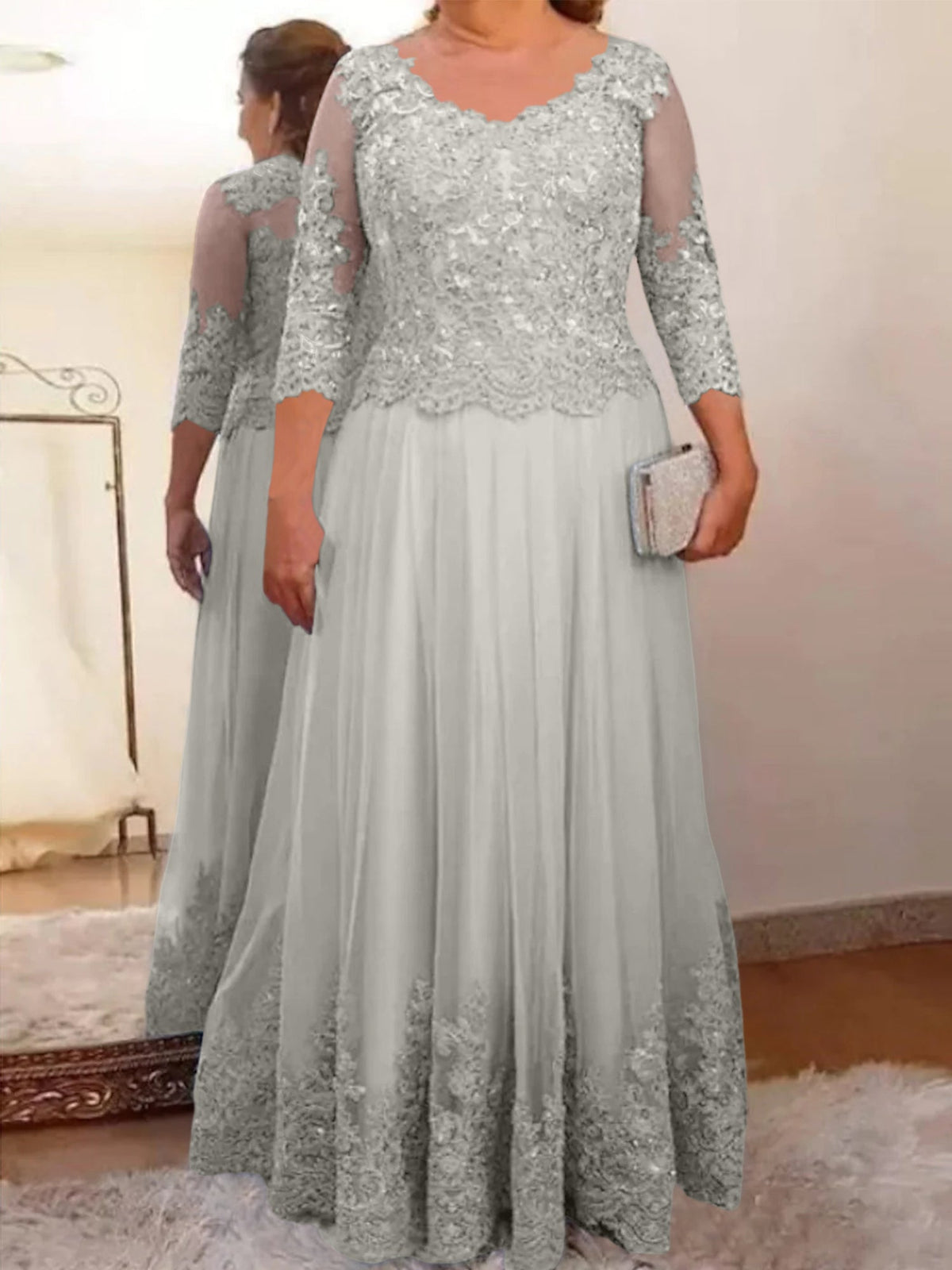 Floor Length A Line Mother Of The Bride Dress Sheer Neck Three Quarter Sleeves