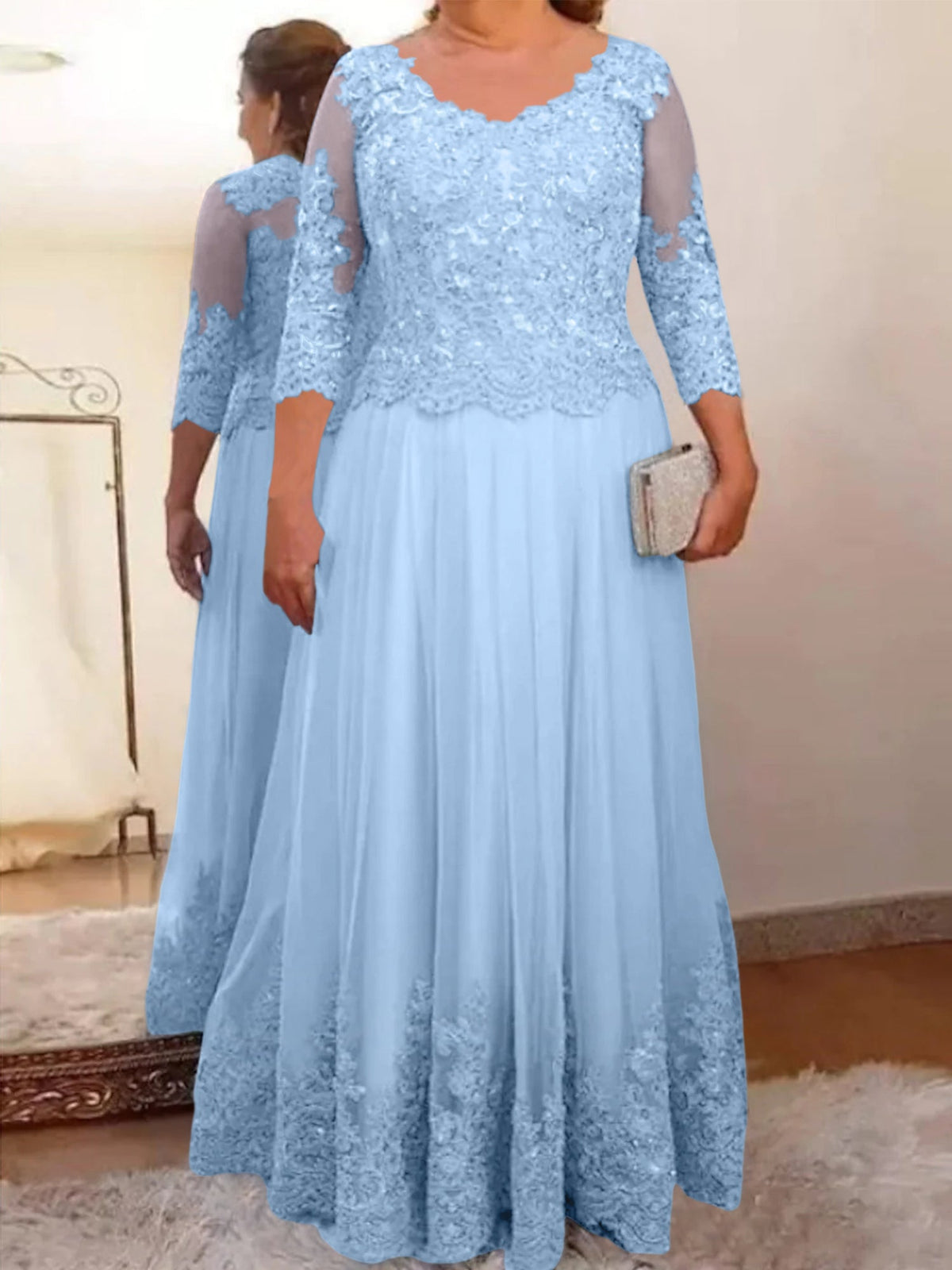 Floor Length A Line Mother Of The Bride Dress Sheer Neck Three Quarter Sleeves