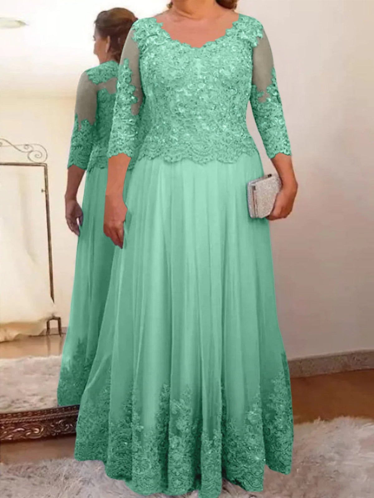 Floor Length A Line Mother Of The Bride Dress Sheer Neck Three Quarter Sleeves