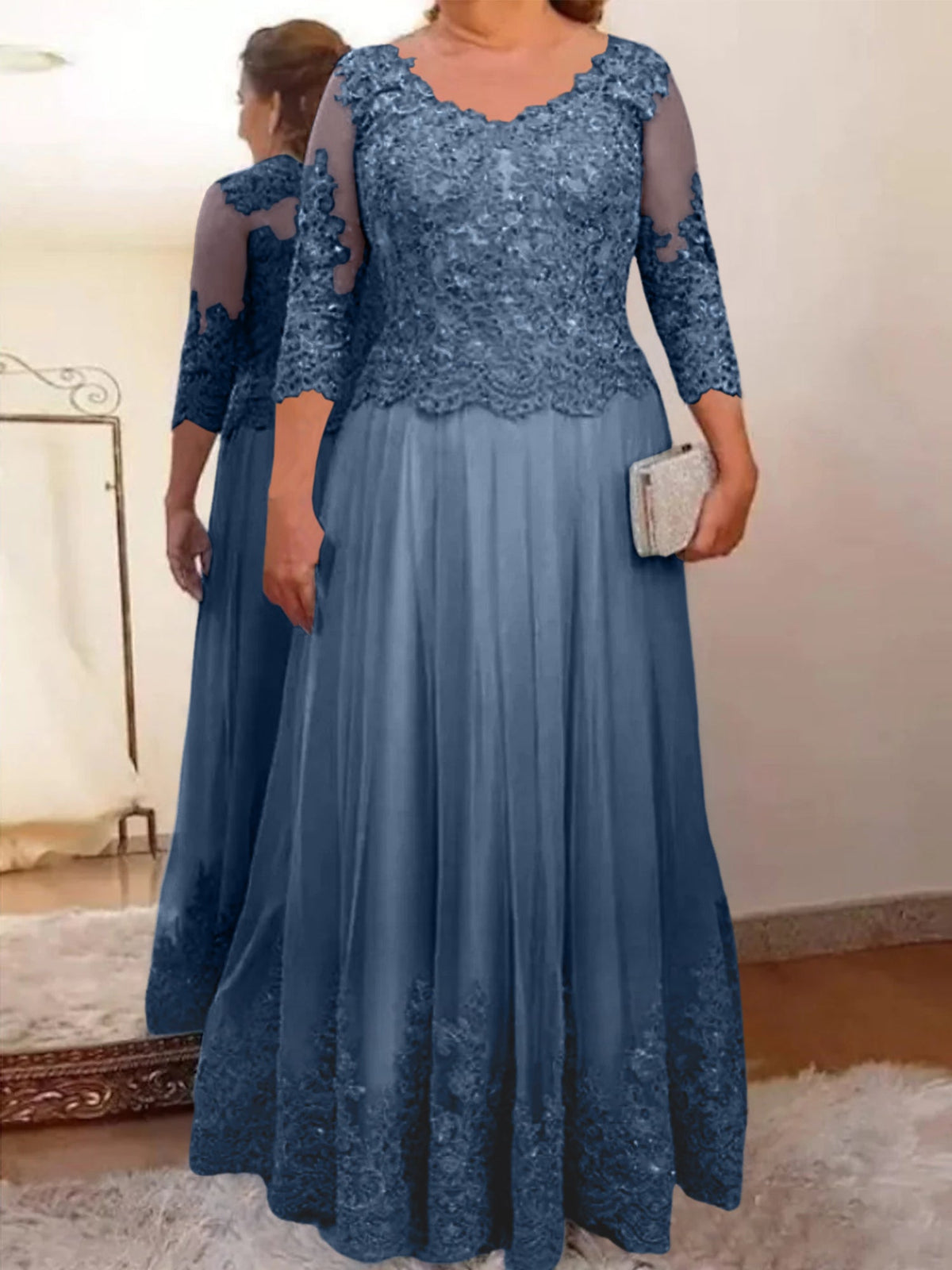 Floor Length A Line Mother Of The Bride Dress Sheer Neck Three Quarter Sleeves