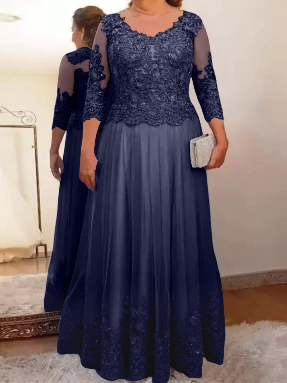 Floor Length A Line Mother Of The Bride Dress Sheer Neck Three Quarter Sleeves