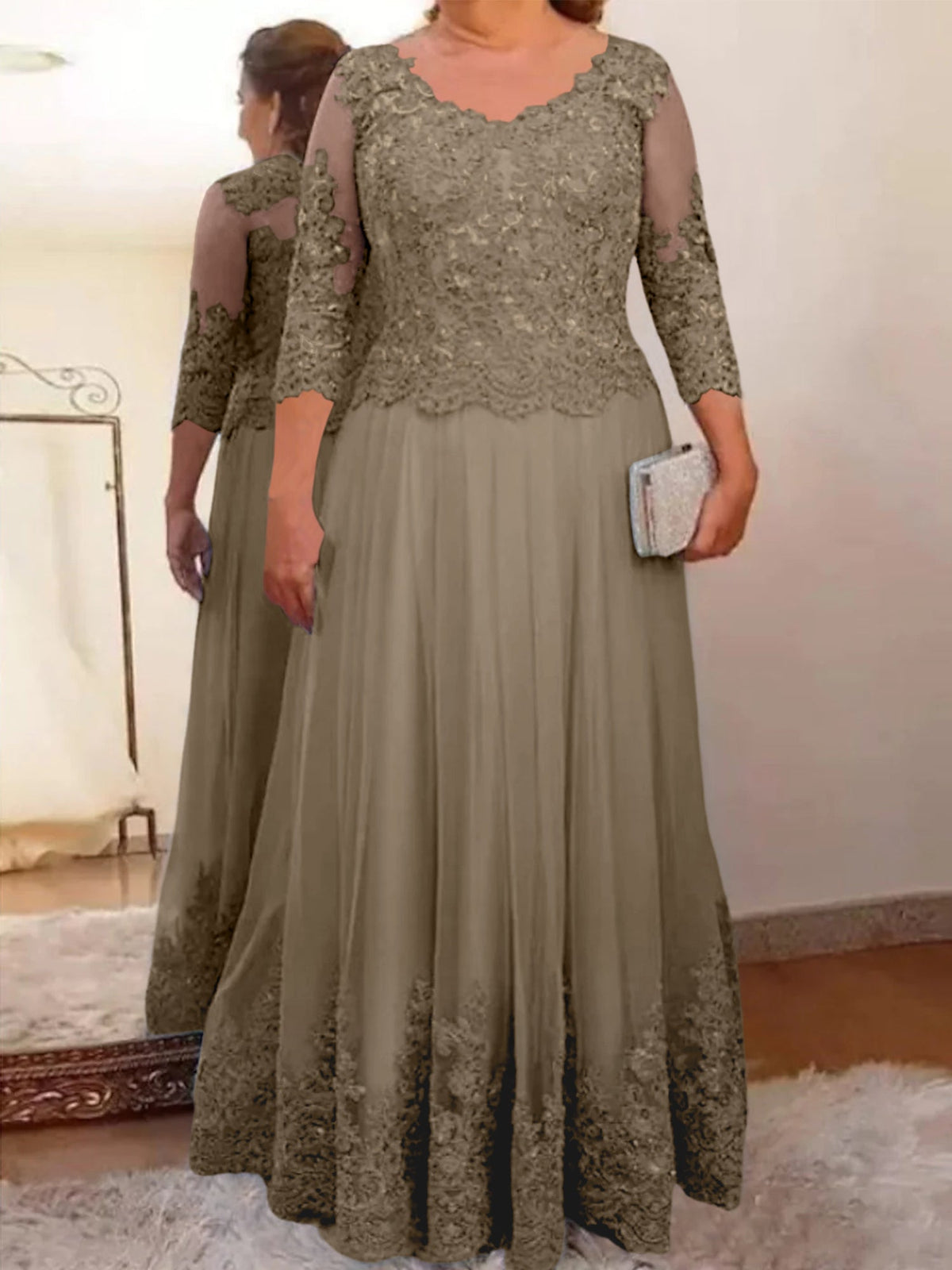 Floor Length A Line Mother Of The Bride Dress Sheer Neck Three Quarter Sleeves
