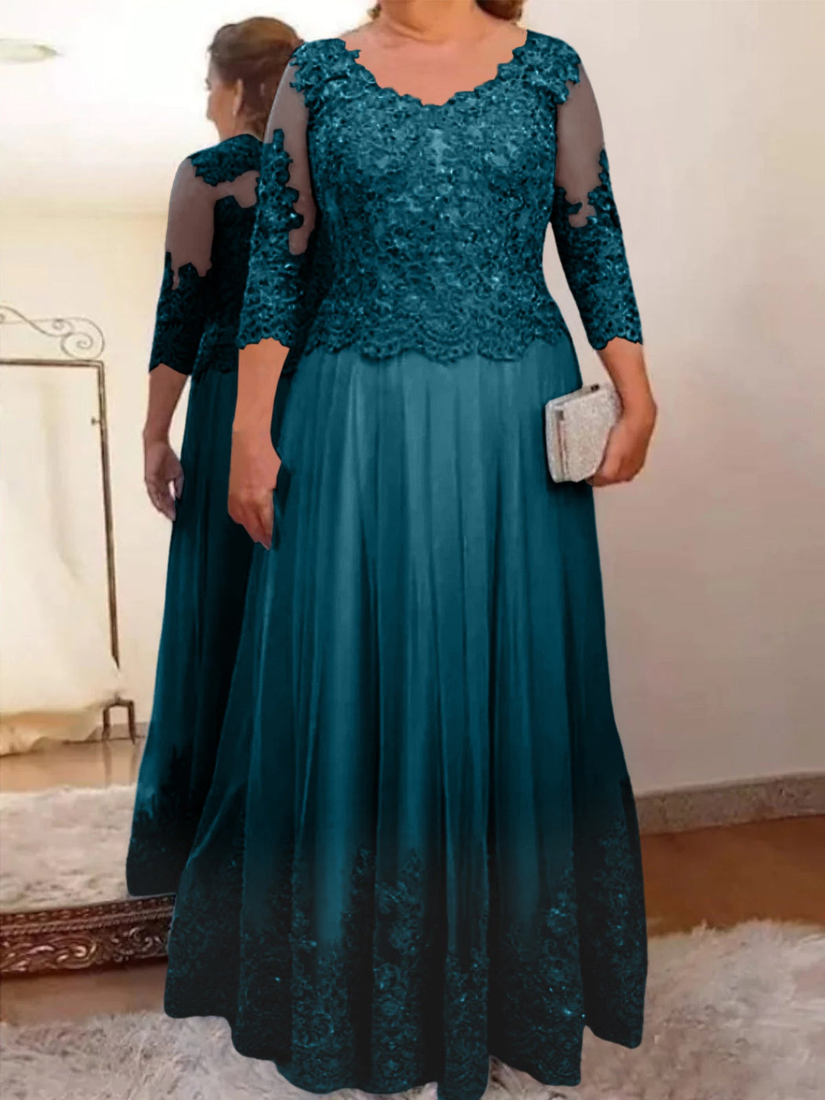 Floor Length A Line Mother Of The Bride Dress Sheer Neck Three Quarter Sleeves